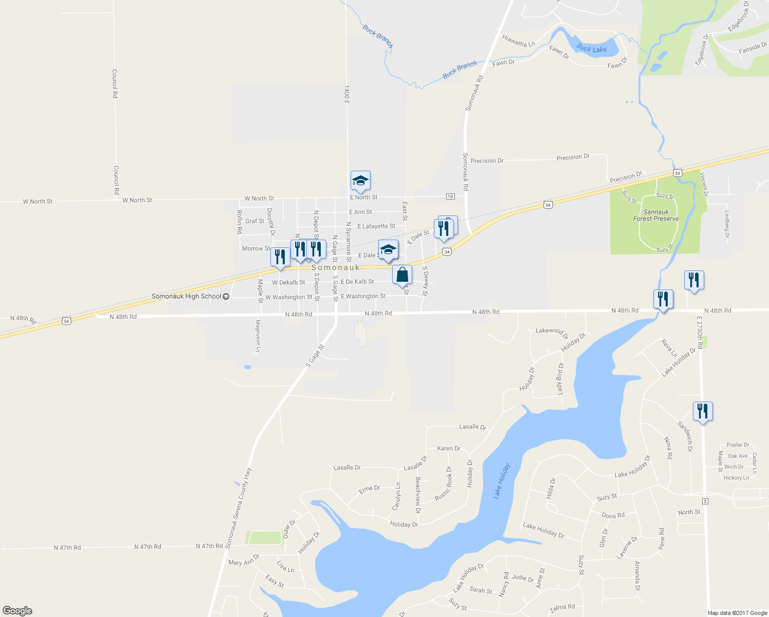 map of restaurants, bars, coffee shops, grocery stores, and more near 420 East Lasalle Street in Somonauk