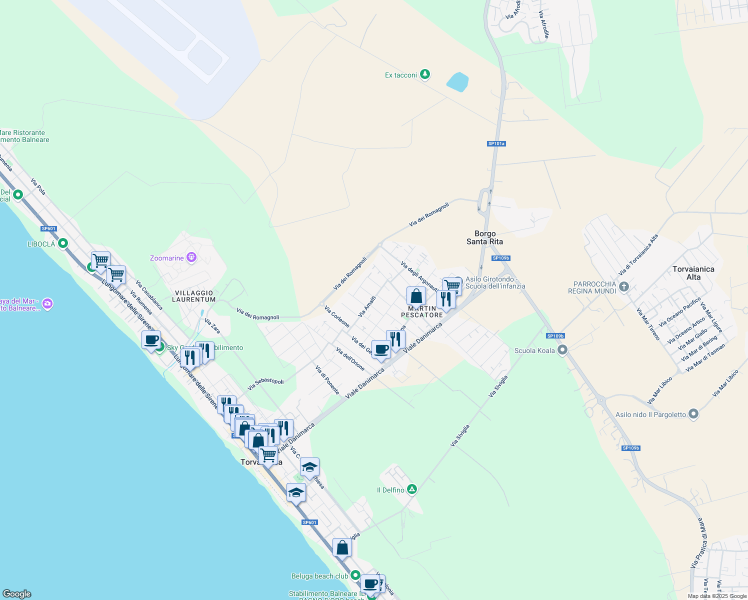 map of restaurants, bars, coffee shops, grocery stores, and more near 5/D Via Chianciano in Torvaianica