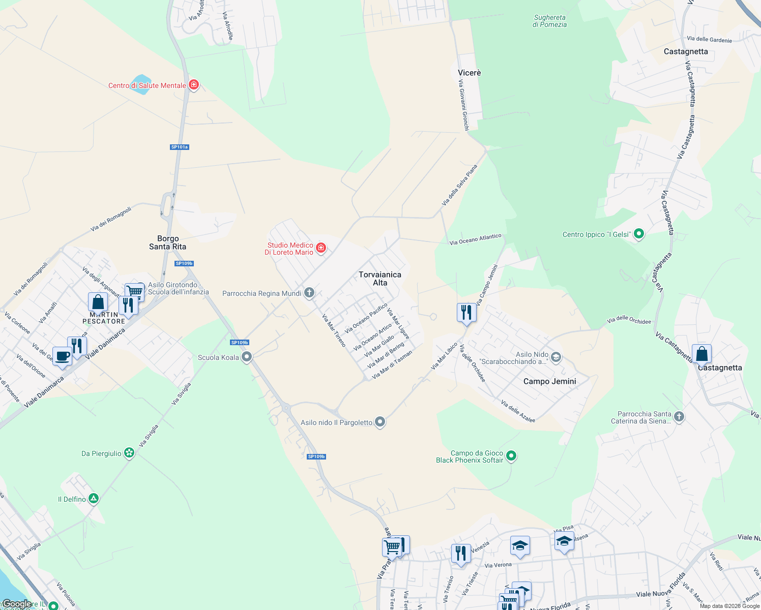 map of restaurants, bars, coffee shops, grocery stores, and more near 19a Via Oceano Pacifico in Torvaianica Alta