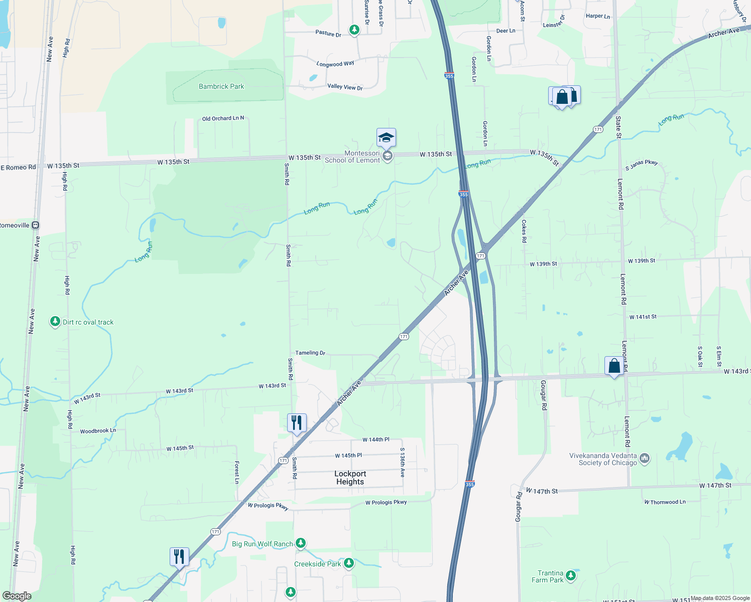 map of restaurants, bars, coffee shops, grocery stores, and more near 16451 West 140th Place in Lockport