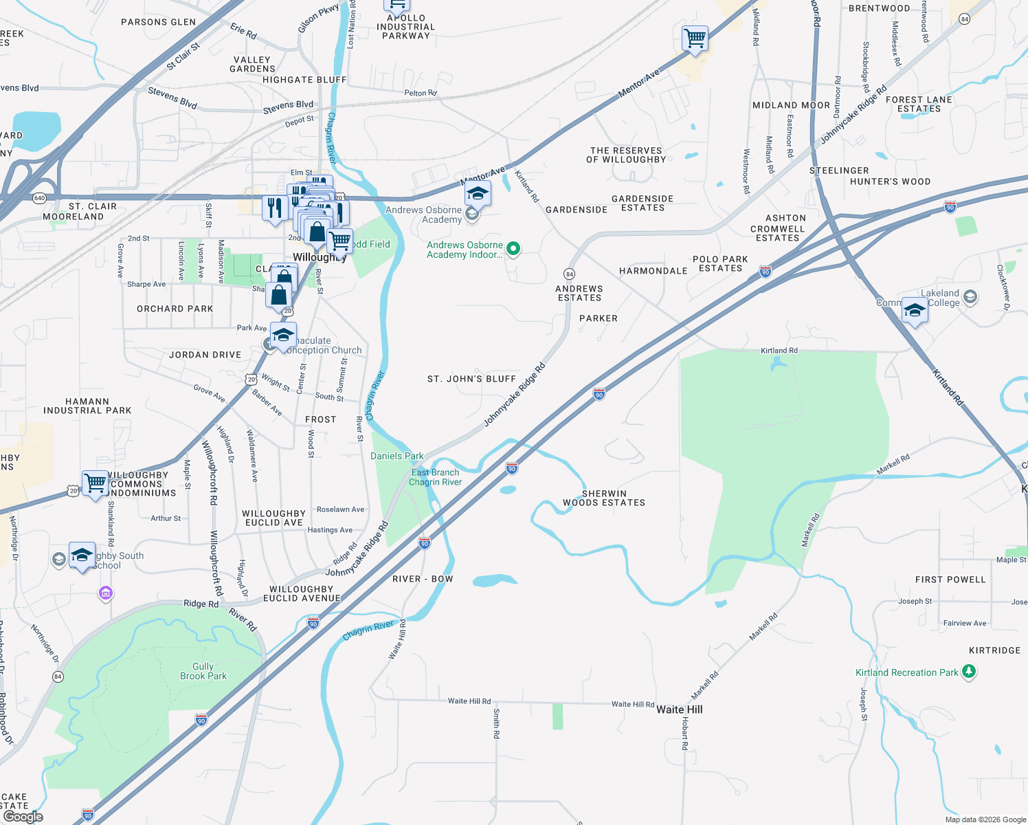 map of restaurants, bars, coffee shops, grocery stores, and more near 38660 Johnnycake Ridge Rd in Willoughby
