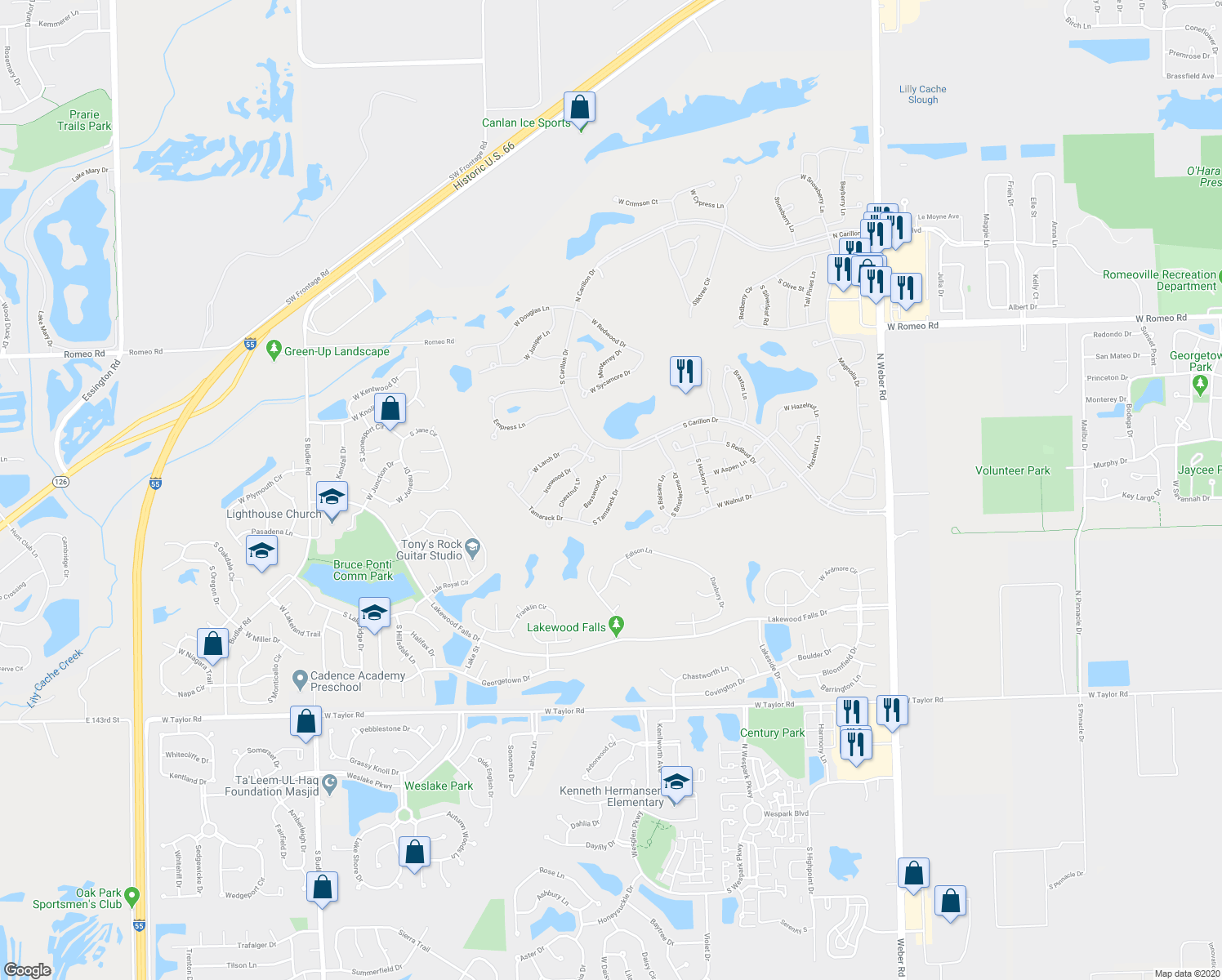 map of restaurants, bars, coffee shops, grocery stores, and more near 13756 South Tamarack Drive in Plainfield