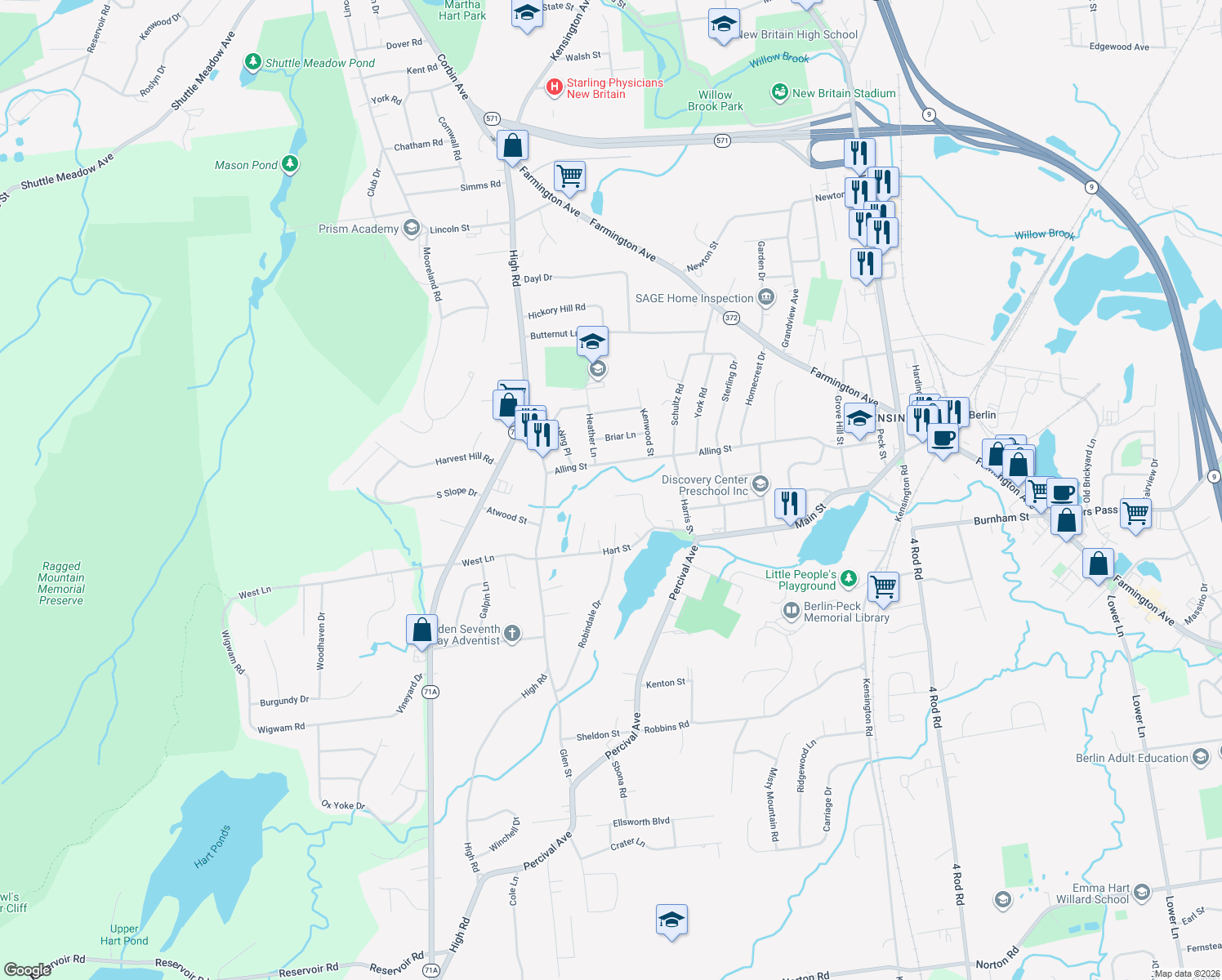 map of restaurants, bars, coffee shops, grocery stores, and more near 92 Bernard Road in Berlin