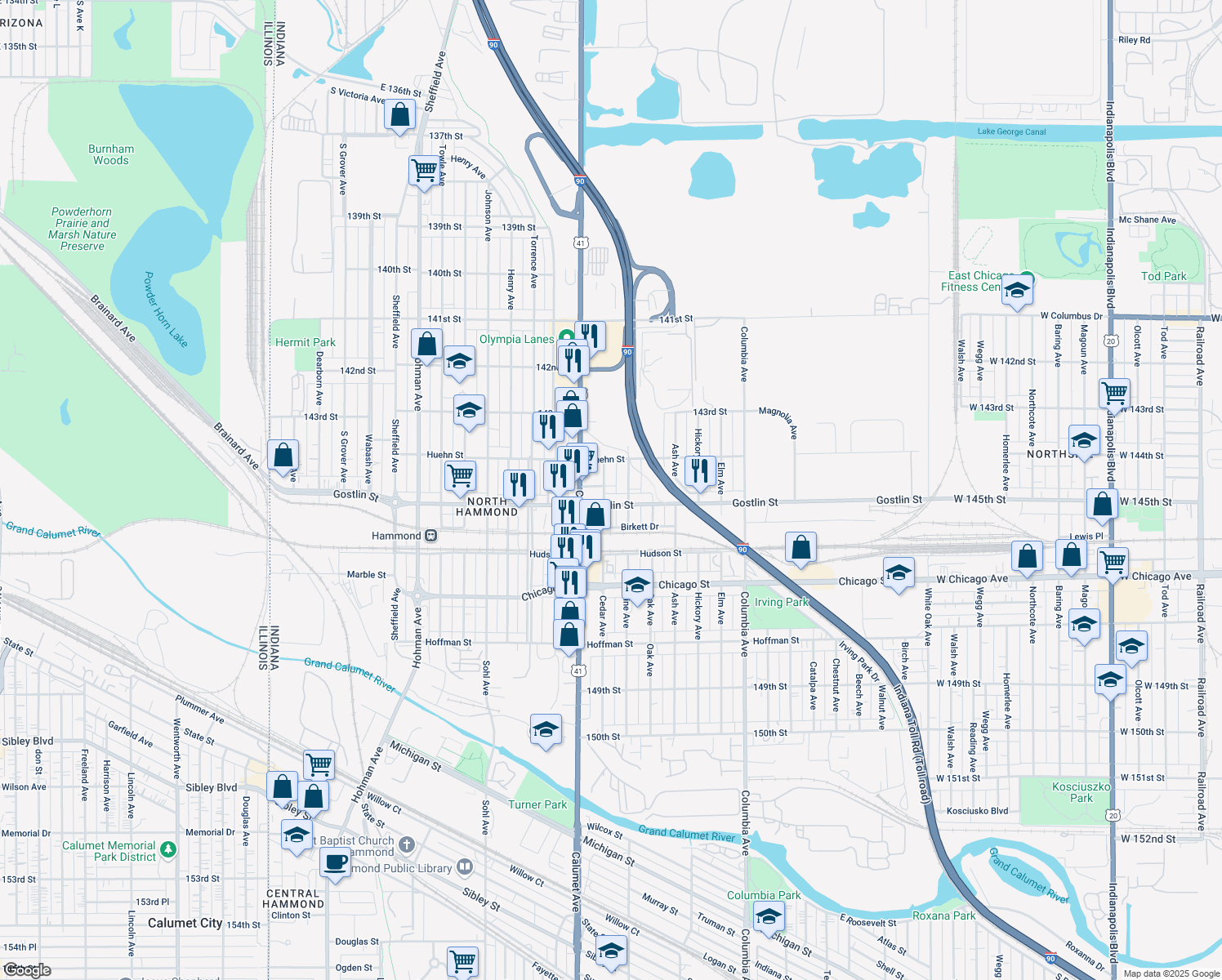 map of restaurants, bars, coffee shops, grocery stores, and more near 4435 Cedar Ave in Hammond