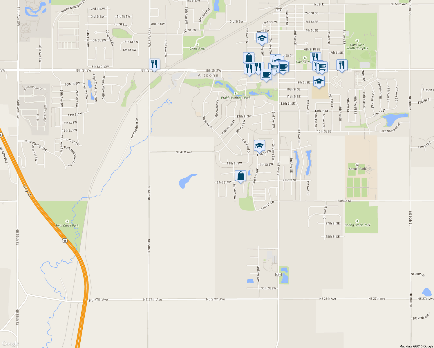map of restaurants, bars, coffee shops, grocery stores, and more near 726 Stonegate Court Southwest in Altoona