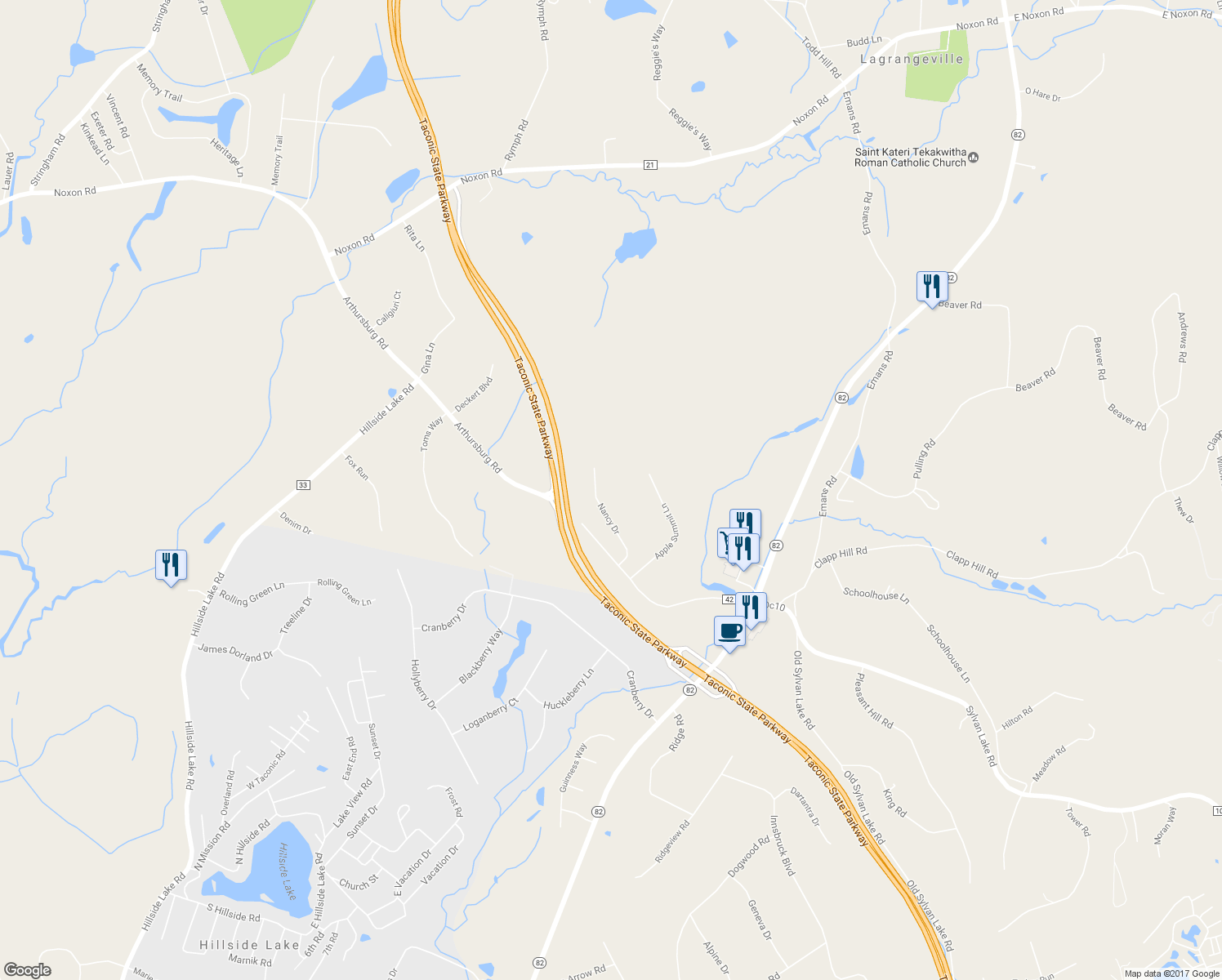map of restaurants, bars, coffee shops, grocery stores, and more near 14 Nancy Drive in Lagrangeville
