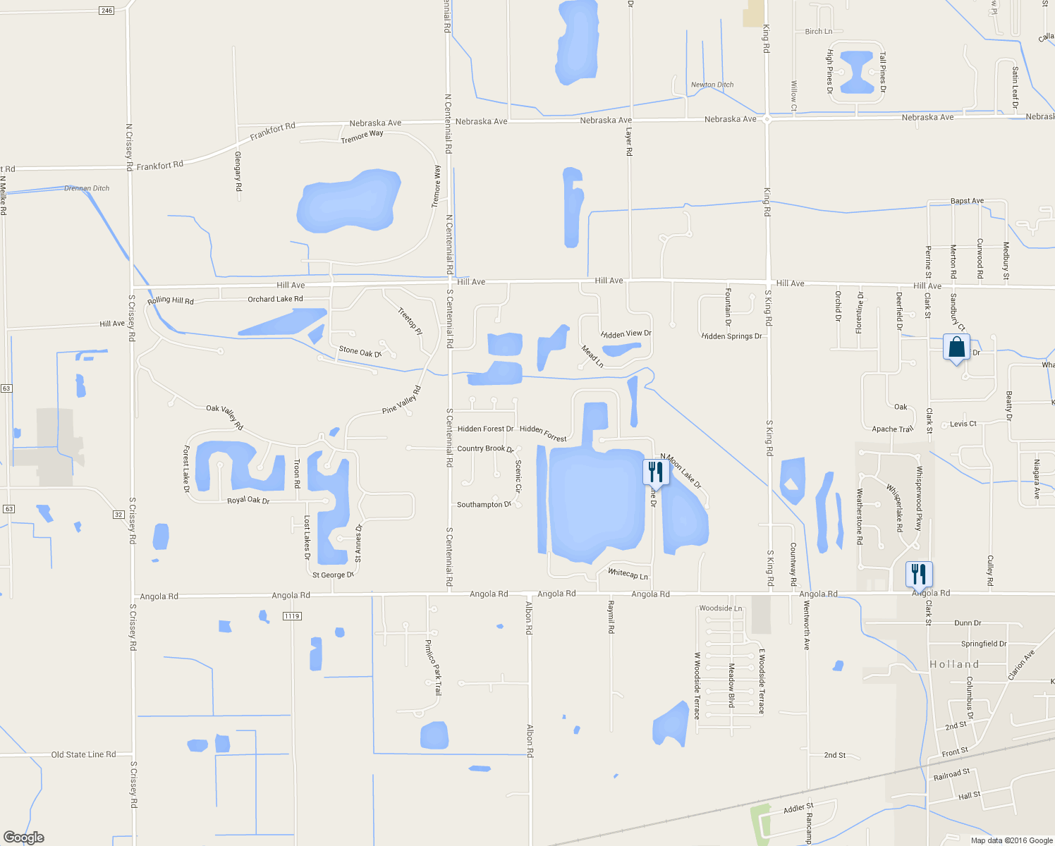 map of restaurants, bars, coffee shops, grocery stores, and more near 8204 Hidden Forest Drive in Holland