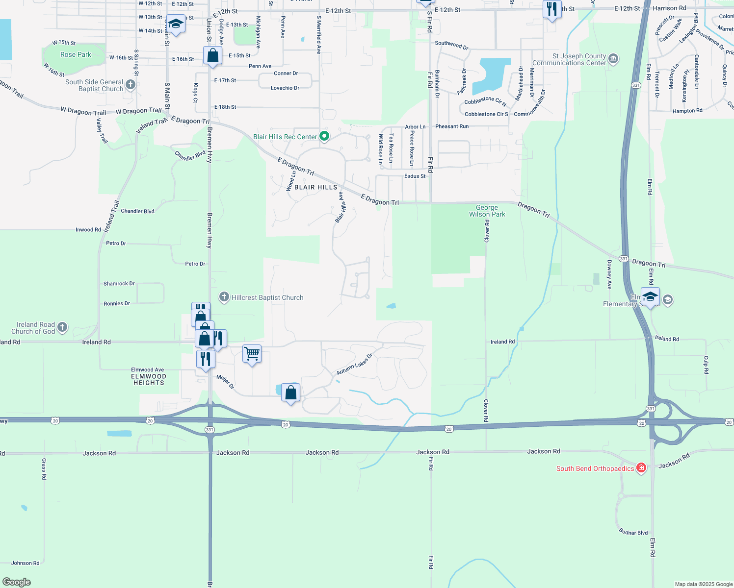 map of restaurants, bars, coffee shops, grocery stores, and more near 2861 Huntington Pl in Mishawaka