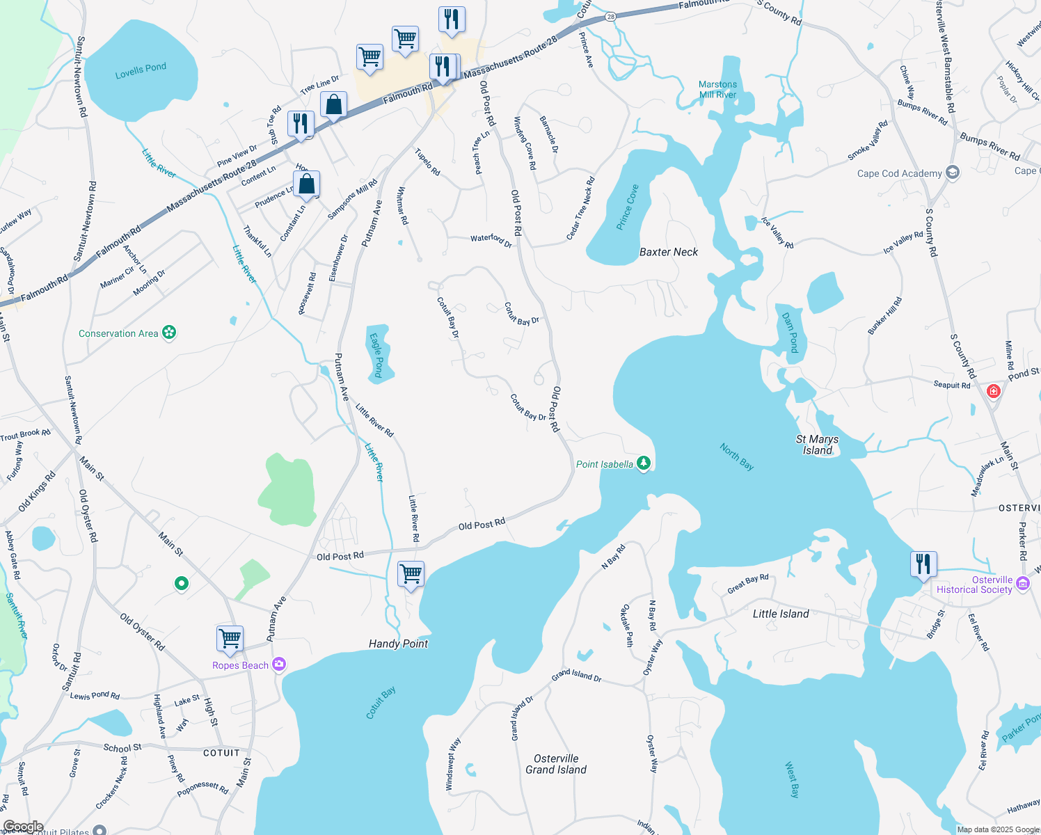 map of restaurants, bars, coffee shops, grocery stores, and more near 528 Cotuit Bay Dr in Barnstable