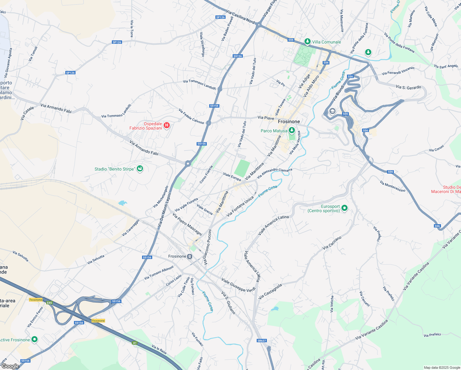 map of restaurants, bars, coffee shops, grocery stores, and more near 360 Via Marittima in Frosinone