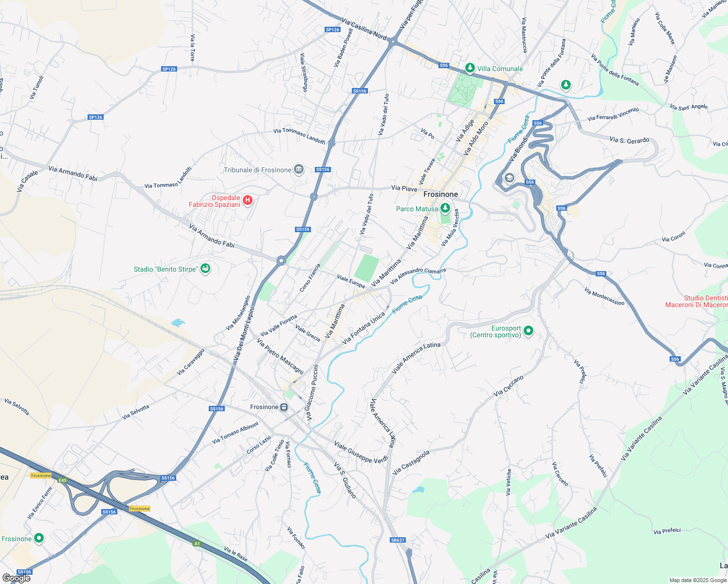 map of restaurants, bars, coffee shops, grocery stores, and more near 360 Via Marittima in Frosinone