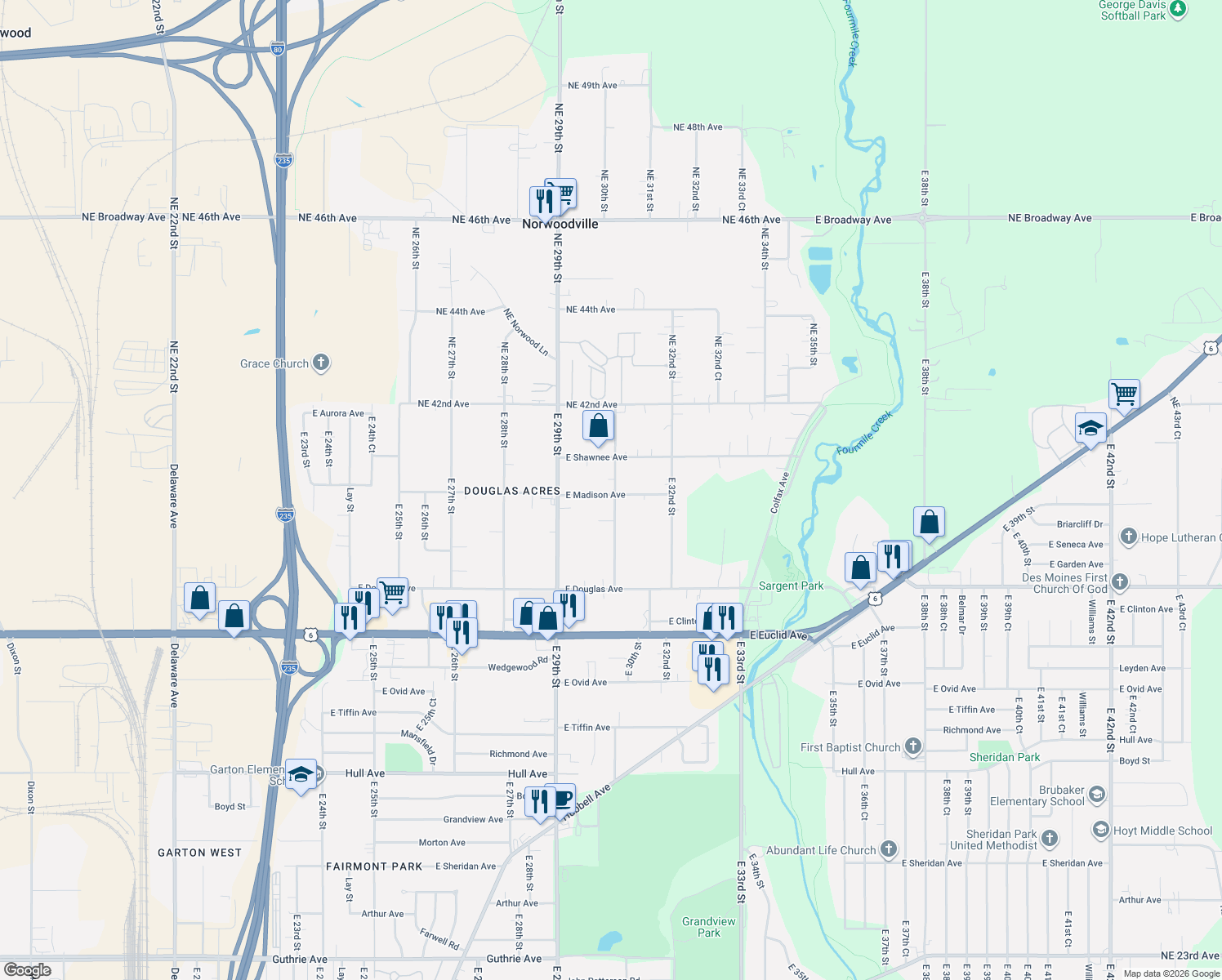 map of restaurants, bars, coffee shops, grocery stores, and more near 4000 East 30th Street in Des Moines