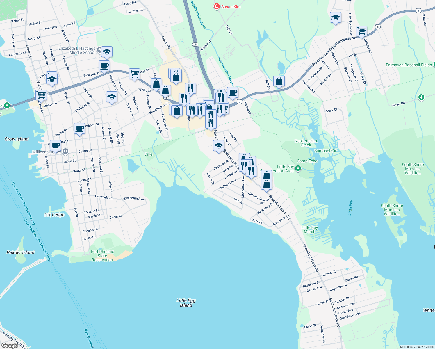 map of restaurants, bars, coffee shops, grocery stores, and more near 26 Brae Road in Fairhaven