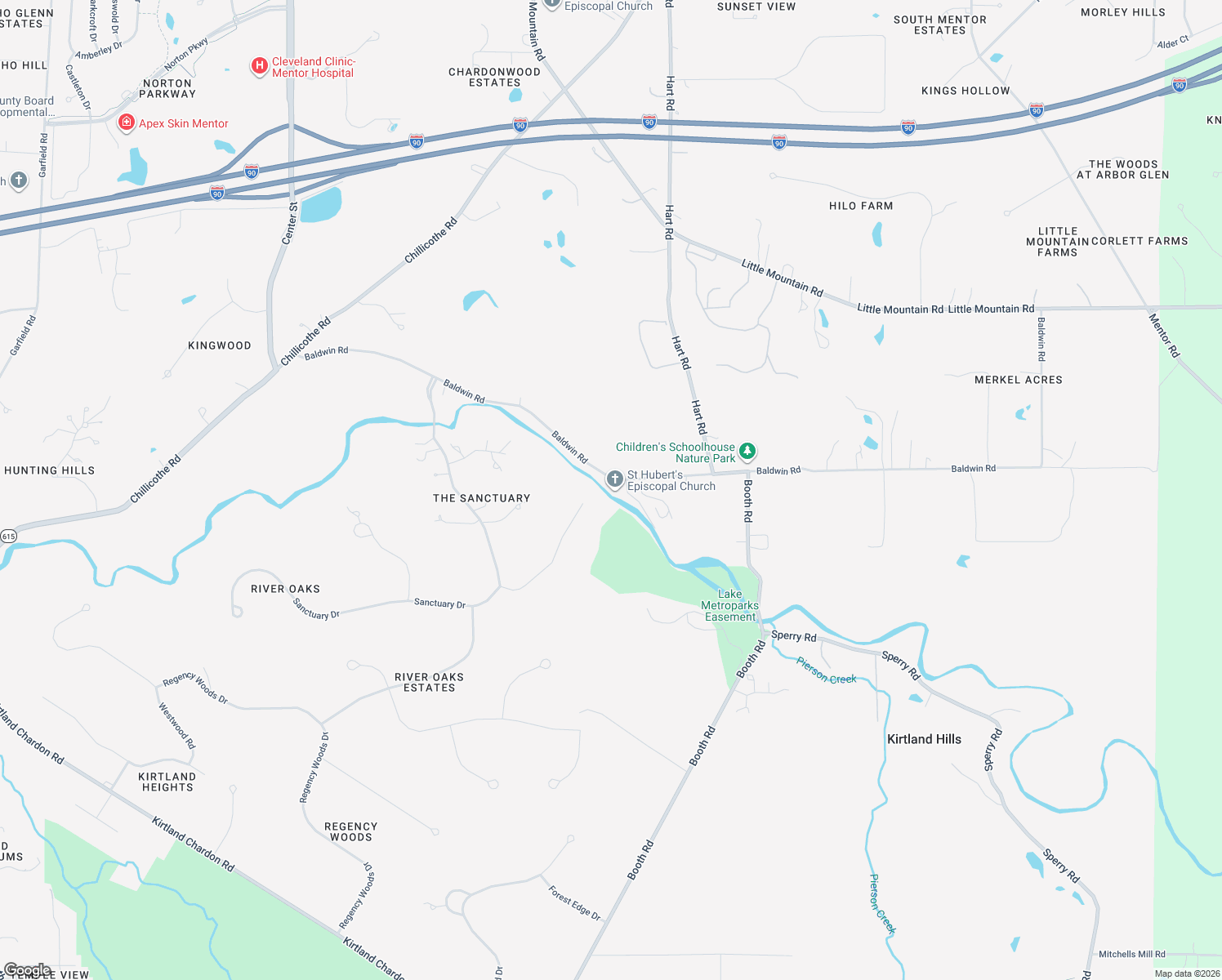 map of restaurants, bars, coffee shops, grocery stores, and more near 8870 Baldwin Road in Mentor