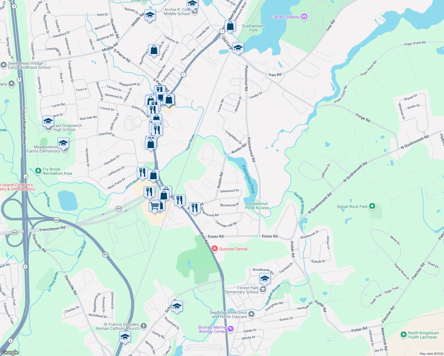 map of restaurants, bars, coffee shops, grocery stores, and more near 211 Austin Rd in North Kingstown