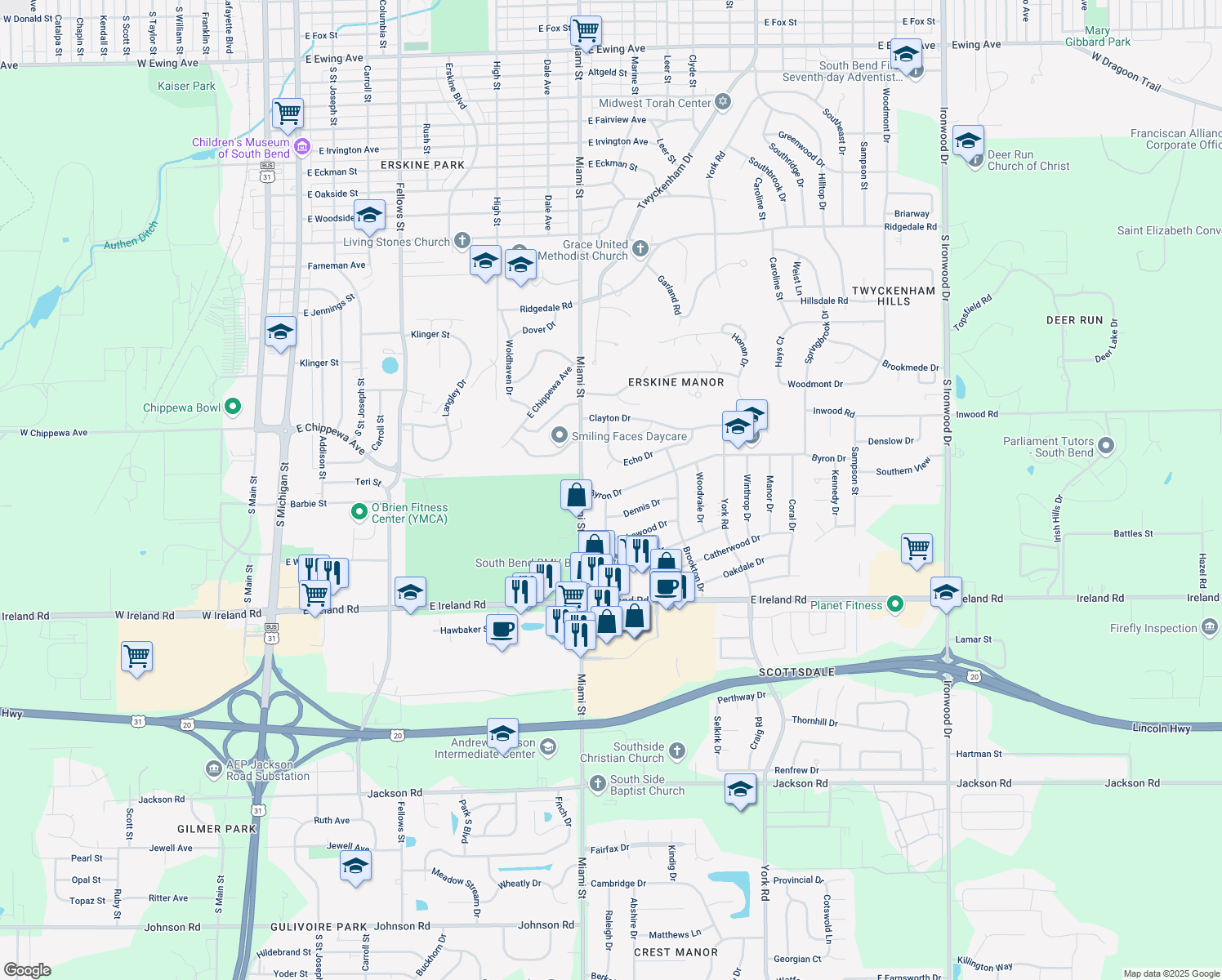 map of restaurants, bars, coffee shops, grocery stores, and more near 1133 Byron Drive in South Bend