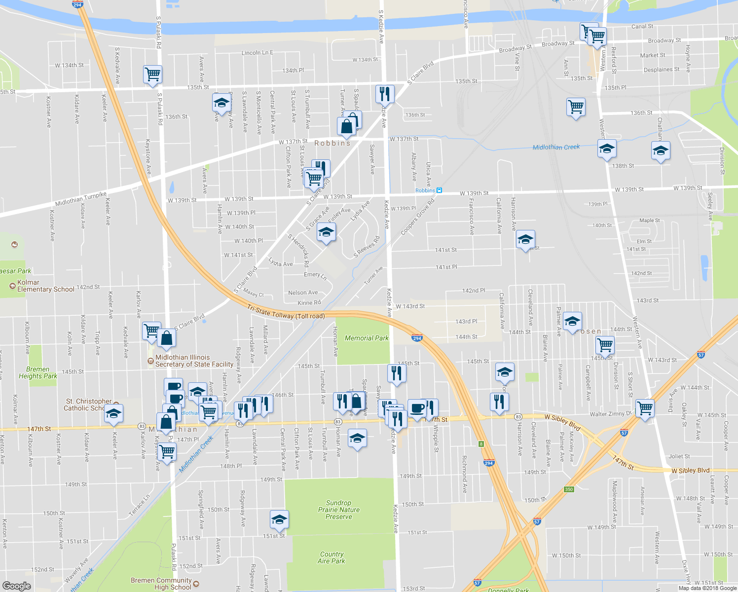 map of restaurants, bars, coffee shops, grocery stores, and more near 14222 South Spaulding Avenue in Robbins