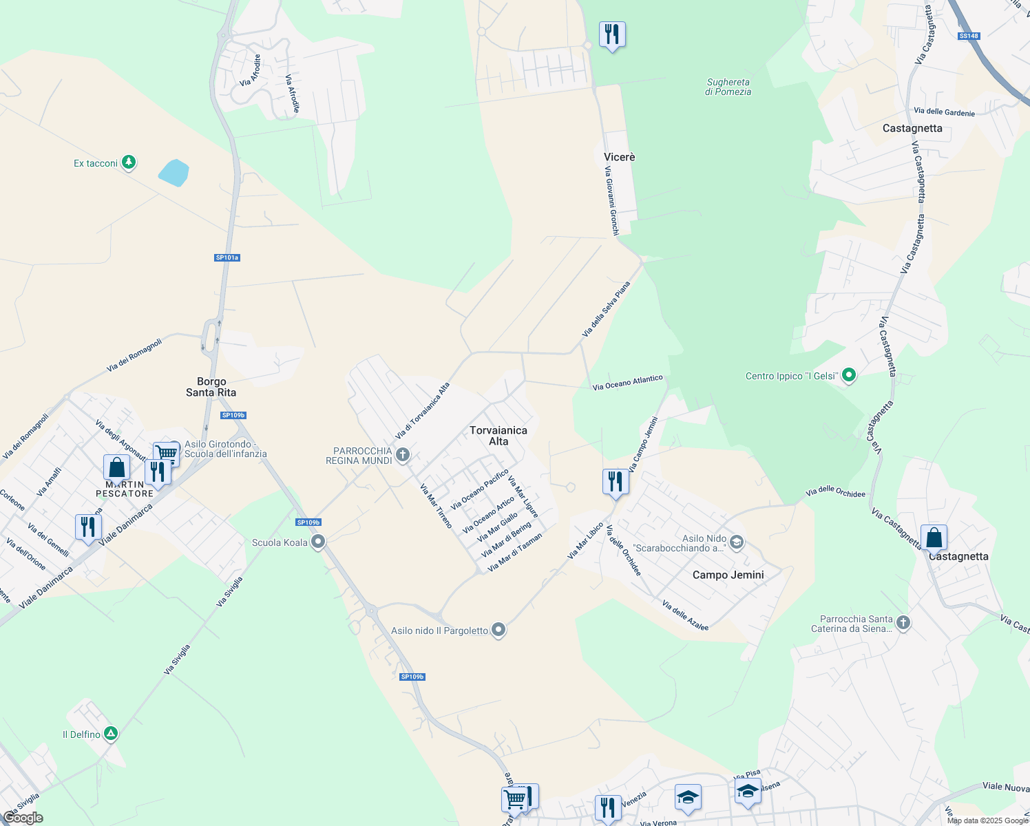 map of restaurants, bars, coffee shops, grocery stores, and more near 9 Via mare D'Irlanda in Torvaianica Alta