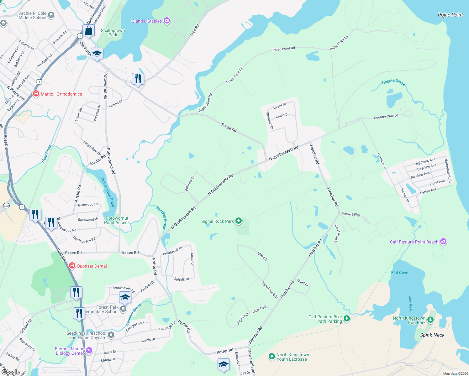 map of restaurants, bars, coffee shops, grocery stores, and more near 44 Tockwotton Farm Road in North Kingstown