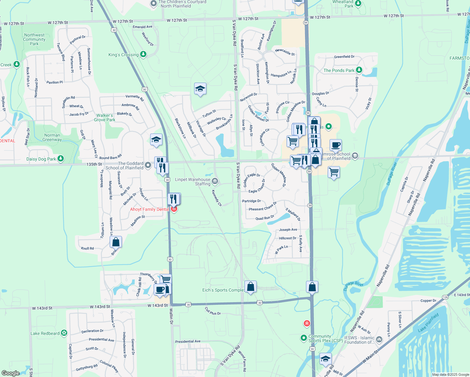 map of restaurants, bars, coffee shops, grocery stores, and more near 13639 Rockefeller Circle in Plainfield