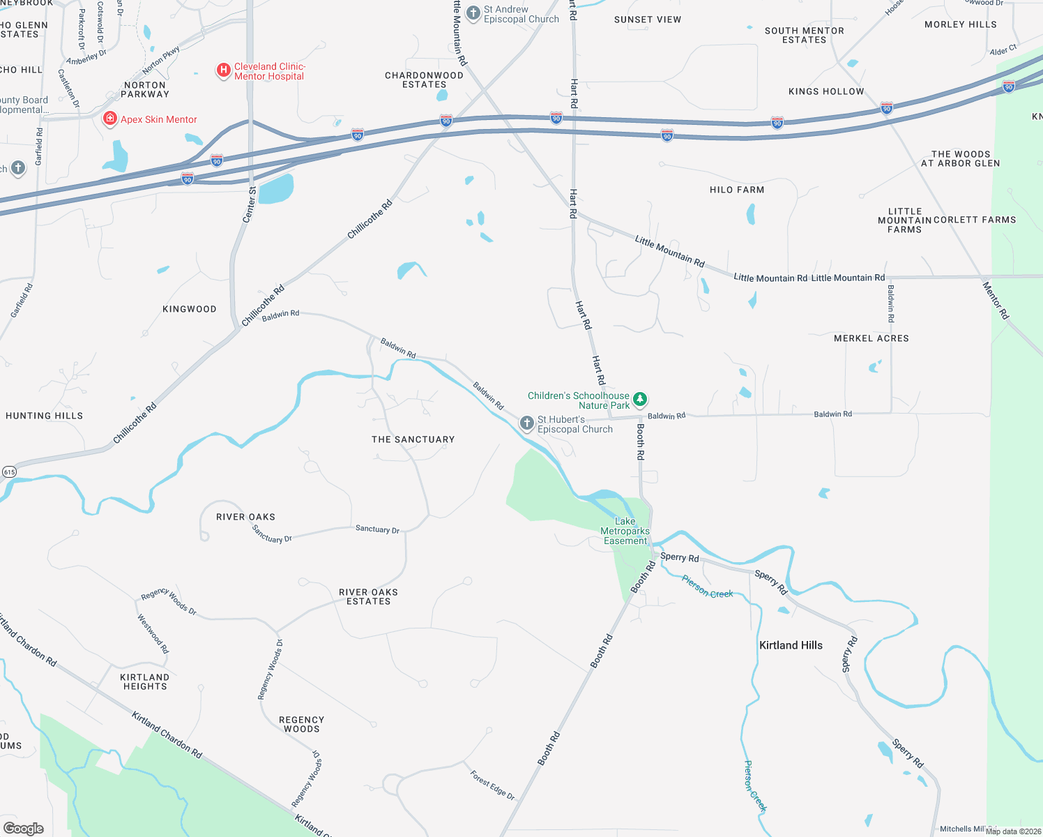 map of restaurants, bars, coffee shops, grocery stores, and more near 8870 Baldwin Road in Mentor