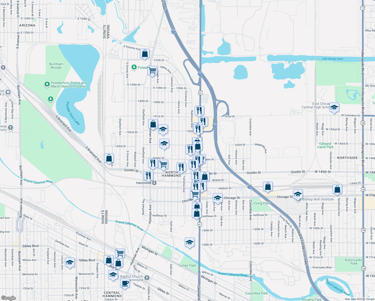 map of restaurants, bars, coffee shops, grocery stores, and more near 4319 Torrence Ave in Hammond