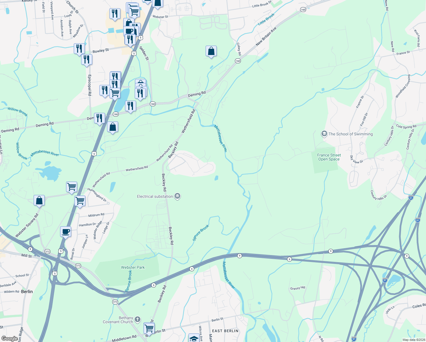 map of restaurants, bars, coffee shops, grocery stores, and more near 217 Scenic Drive in Berlin