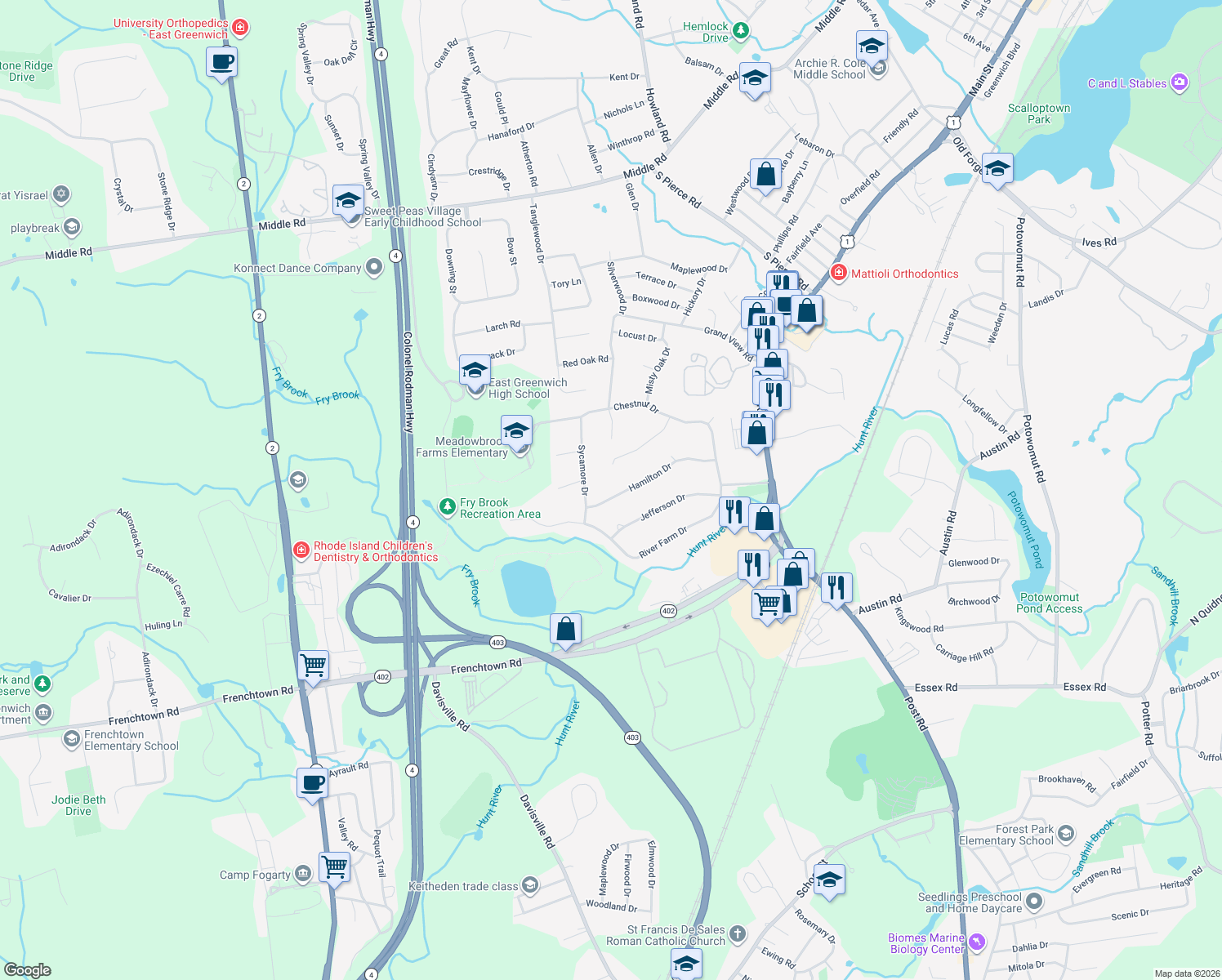 map of restaurants, bars, coffee shops, grocery stores, and more near 25 Hamilton Dr in East Greenwich