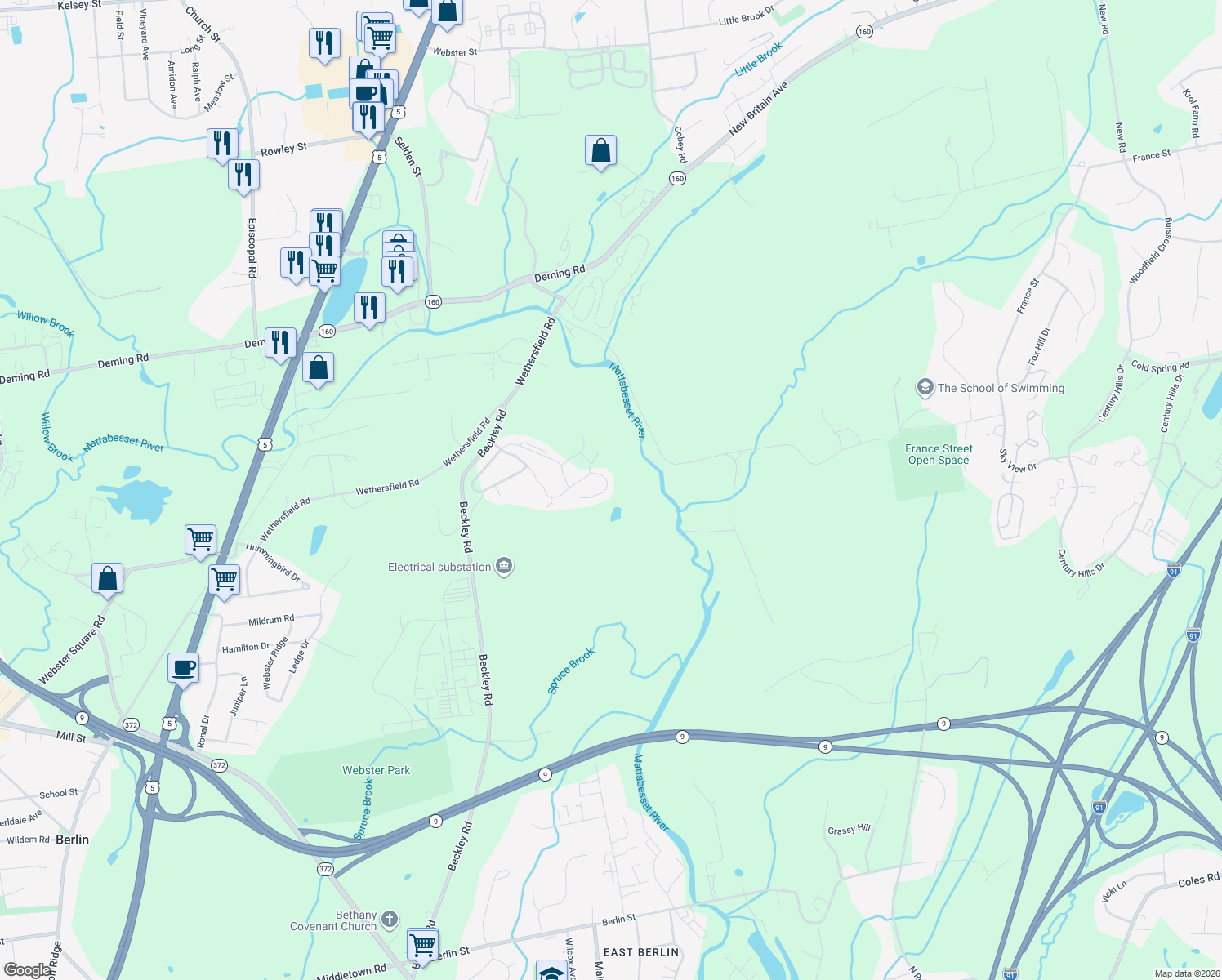 map of restaurants, bars, coffee shops, grocery stores, and more near 217 Scenic Drive in Berlin