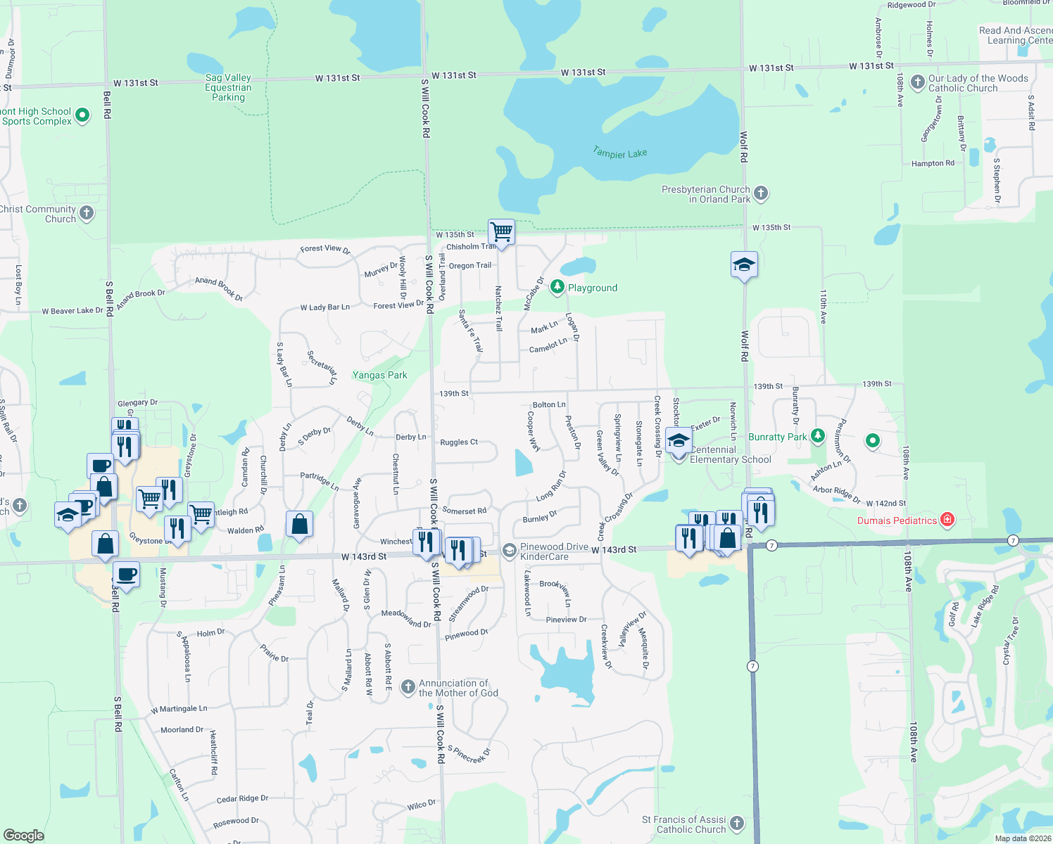 map of restaurants, bars, coffee shops, grocery stores, and more near 13938 Cooper Way in Orland Park