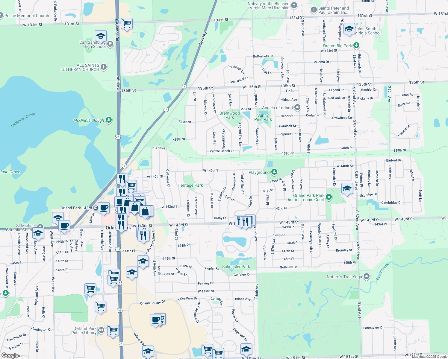 map of restaurants, bars, coffee shops, grocery stores, and more near 14022 Timothy Drive in Orland Park
