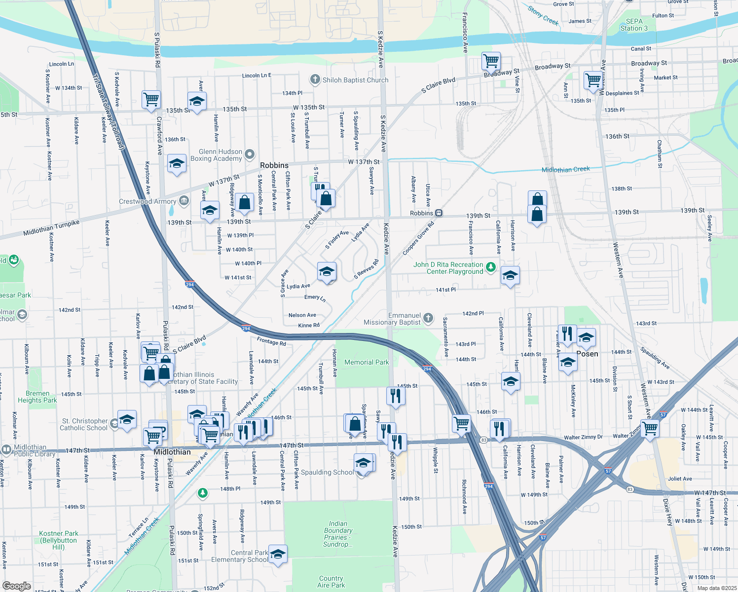 map of restaurants, bars, coffee shops, grocery stores, and more near 14110 Turner Avenue in Robbins