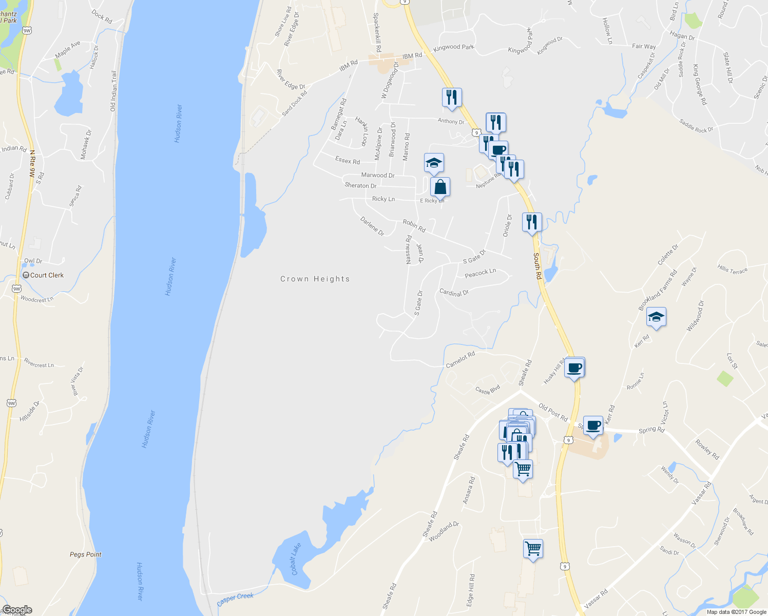 map of restaurants, bars, coffee shops, grocery stores, and more near 23 Mockingbird Lane in Poughkeepsie