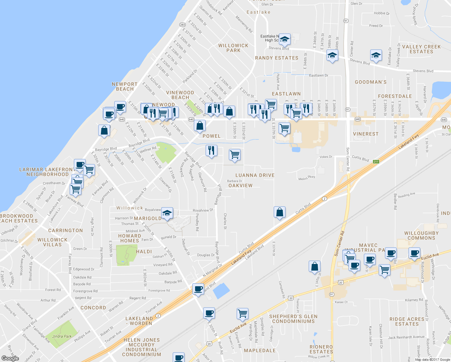 map of restaurants, bars, coffee shops, grocery stores, and more near Barbara Drive in Eastlake