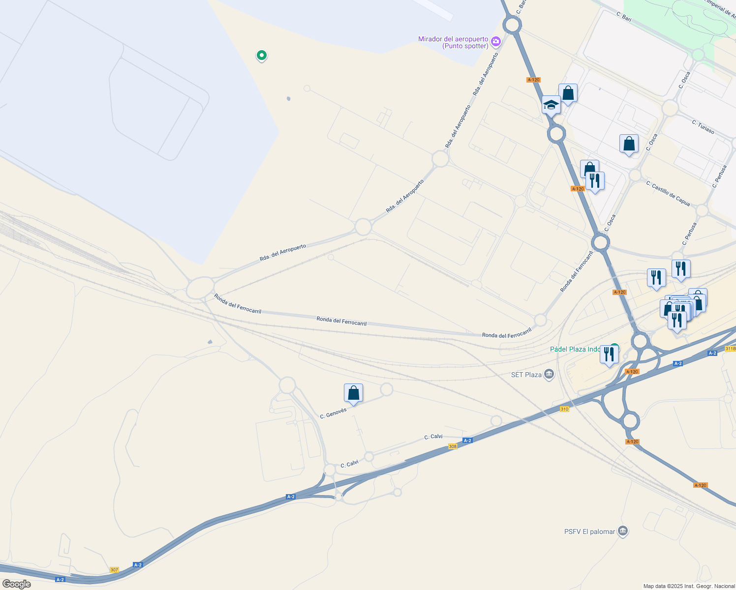 map of restaurants, bars, coffee shops, grocery stores, and more near 1 Calle Manfredonia in Zaragoza