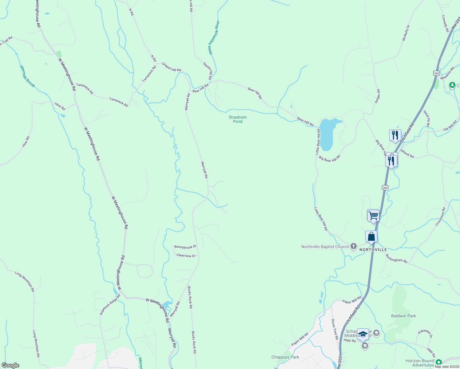 map of restaurants, bars, coffee shops, grocery stores, and more near 218 Merryall Road in New Milford
