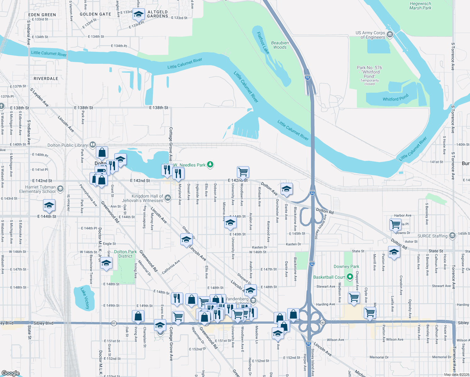 map of restaurants, bars, coffee shops, grocery stores, and more near 14223 University Avenue in Dolton