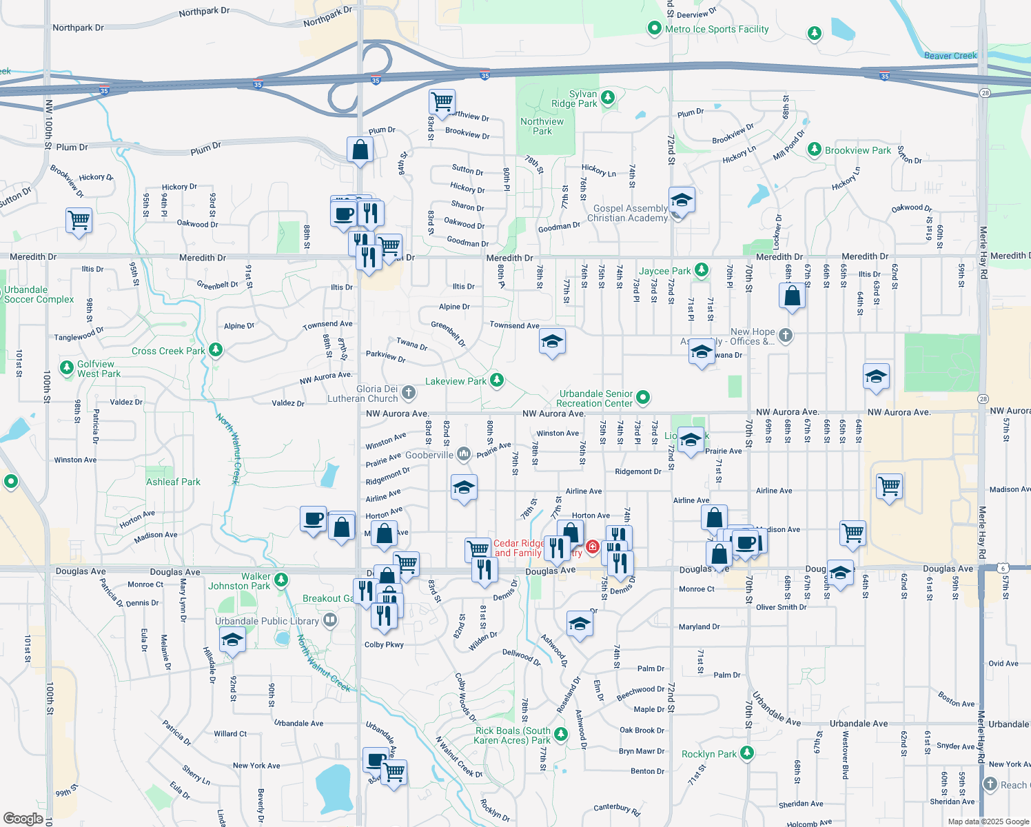 map of restaurants, bars, coffee shops, grocery stores, and more near 4505 79th Street in Urbandale