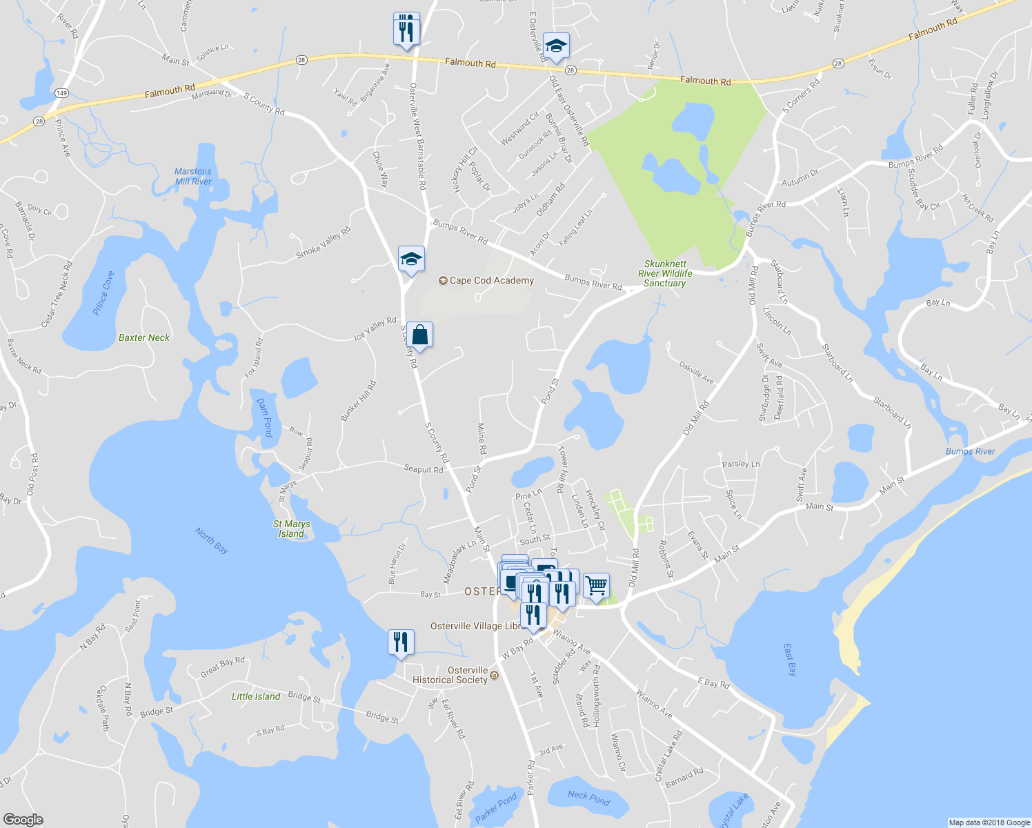map of restaurants, bars, coffee shops, grocery stores, and more near 40 Waterfield Road in Barnstable