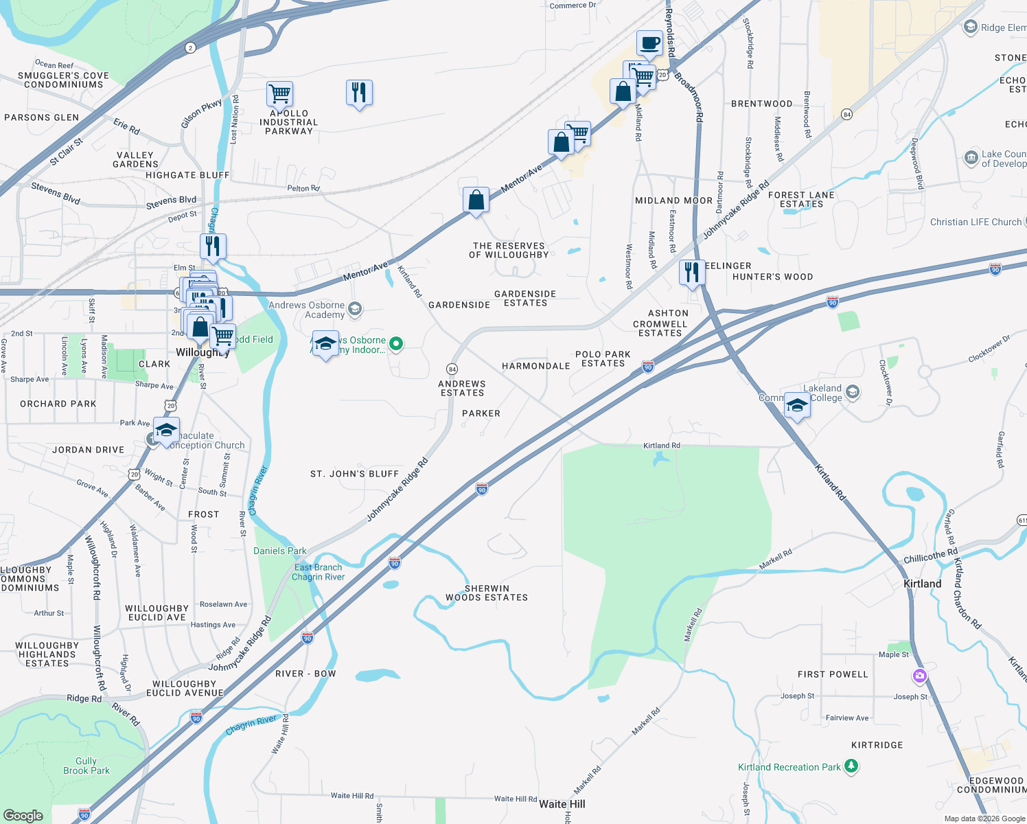 map of restaurants, bars, coffee shops, grocery stores, and more near 4284 Aimee Ln in Willoughby