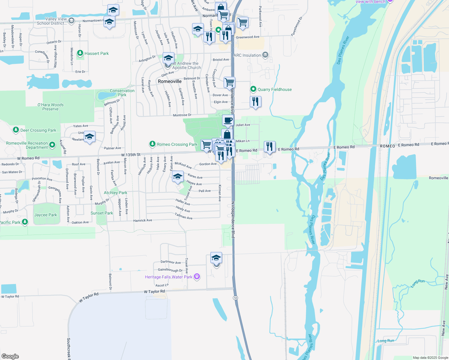 map of restaurants, bars, coffee shops, grocery stores, and more near 10 Sinde Circle in Romeoville