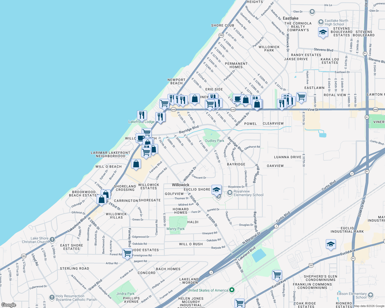 map of restaurants, bars, coffee shops, grocery stores, and more near 437 East 309th Street in Willowick