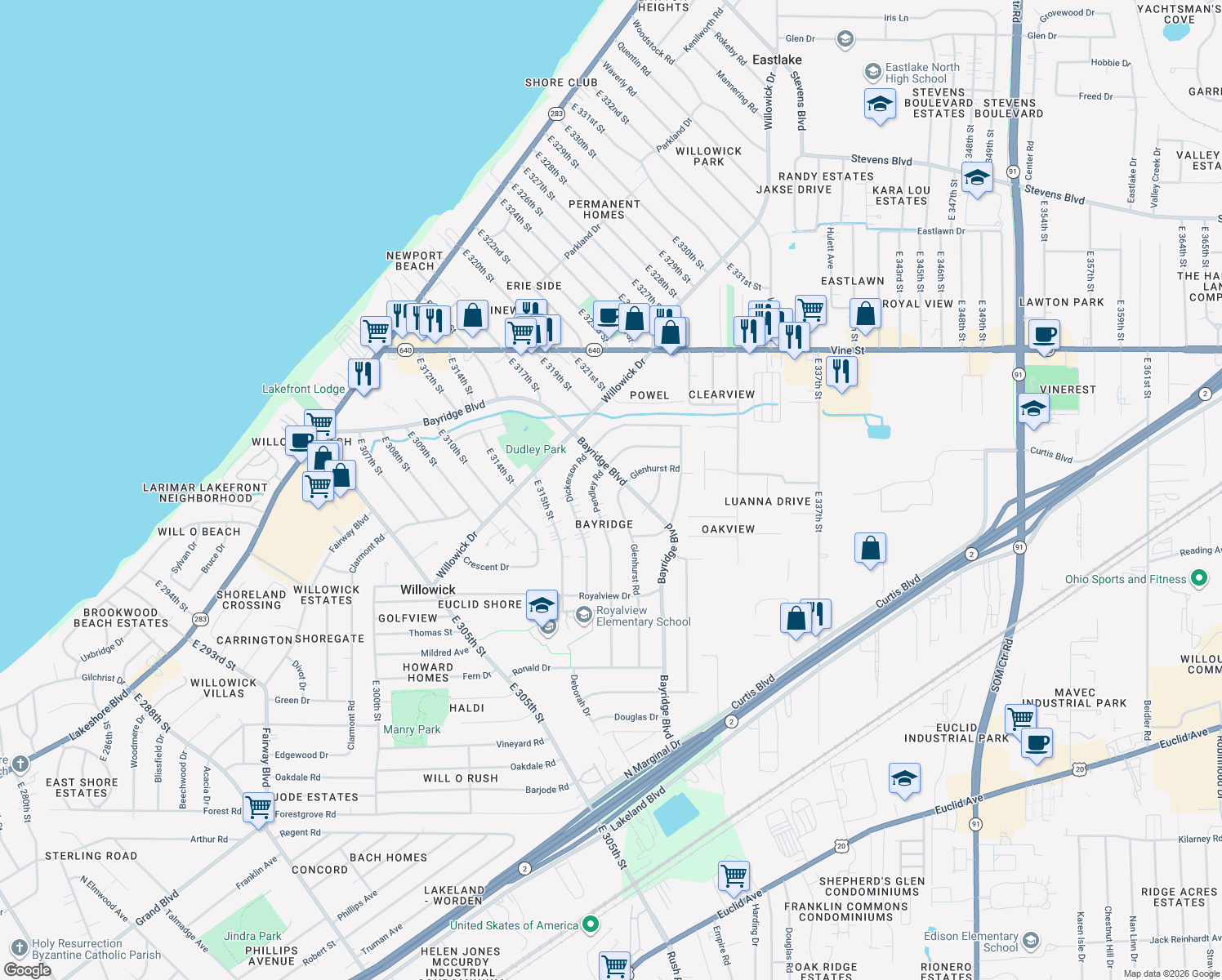 map of restaurants, bars, coffee shops, grocery stores, and more near 652 Glenhurst Rd in Willowick