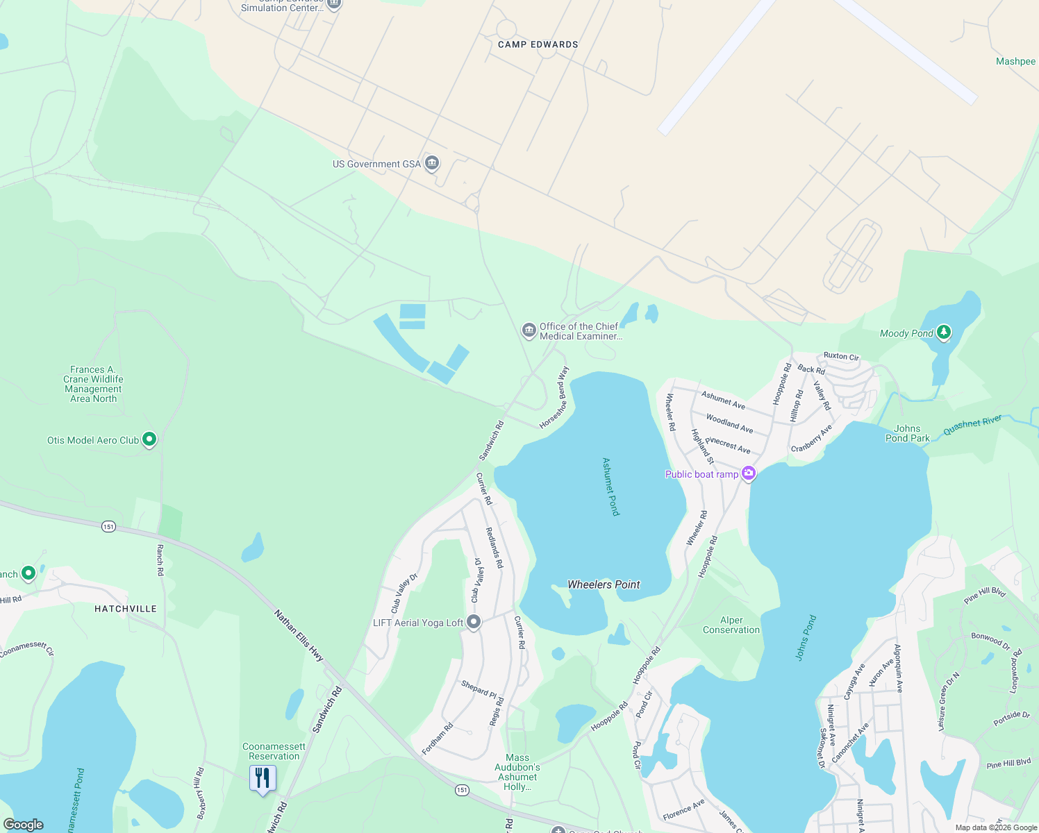 map of restaurants, bars, coffee shops, grocery stores, and more near 14 Horseshoe Bend Way in Mashpee