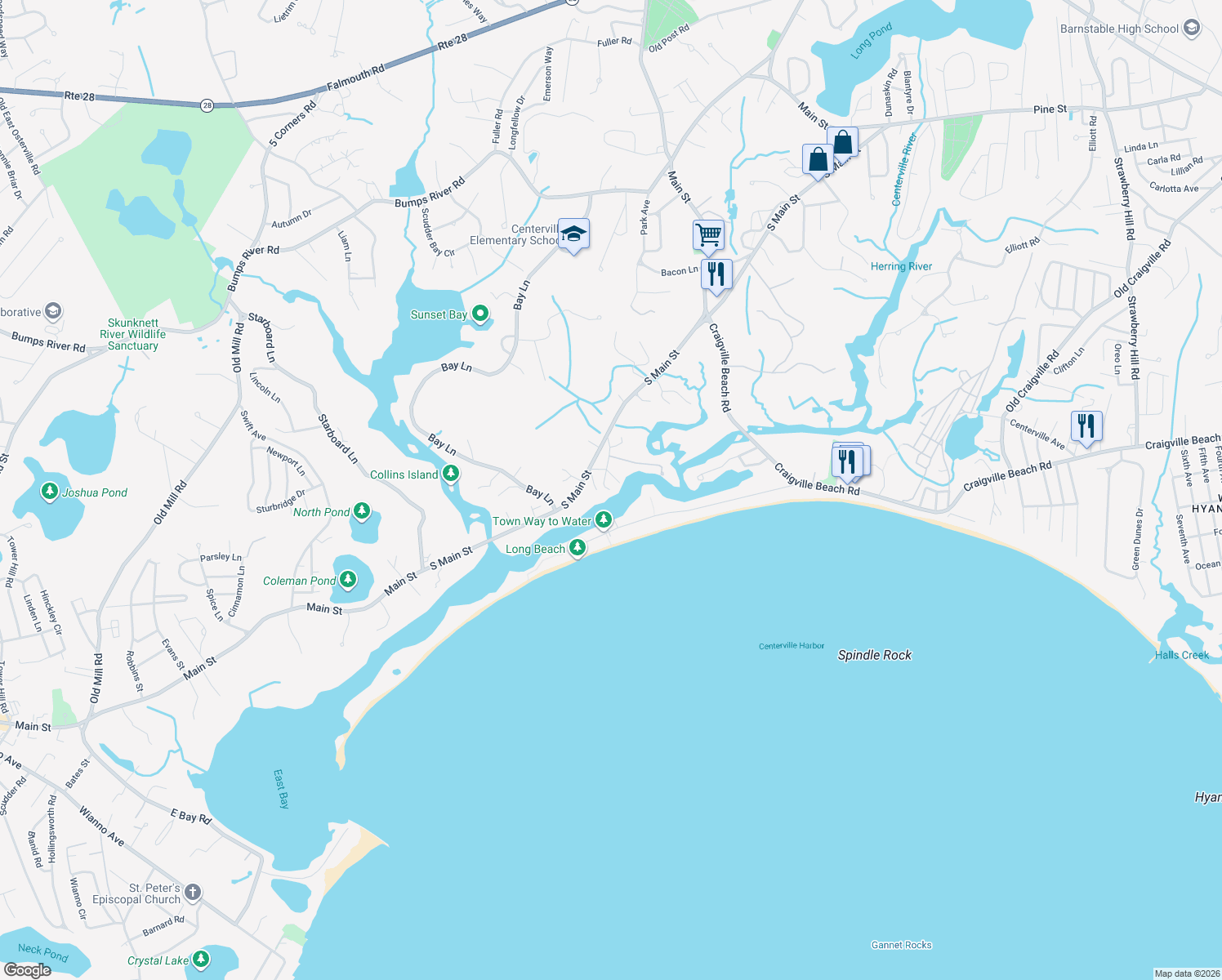 map of restaurants, bars, coffee shops, grocery stores, and more near 23 Hayward Road in Barnstable