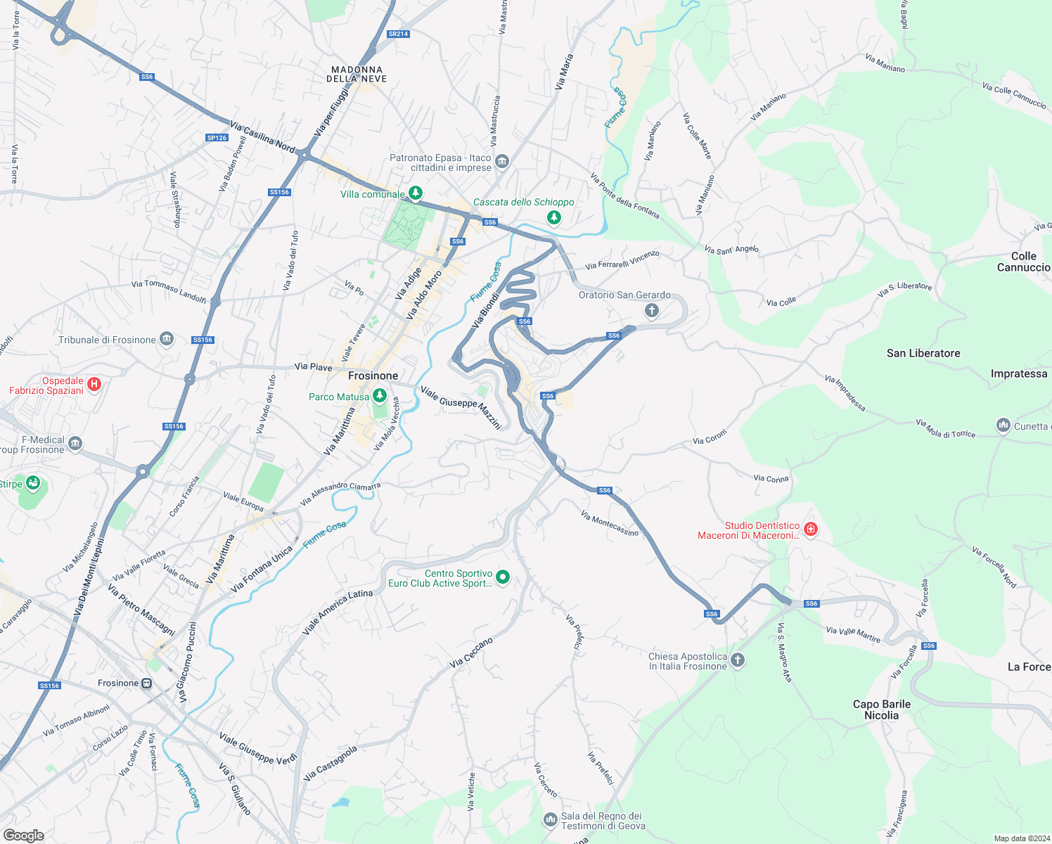 map of restaurants, bars, coffee shops, grocery stores, and more near 76 Corso della Repubblica in Frosinone