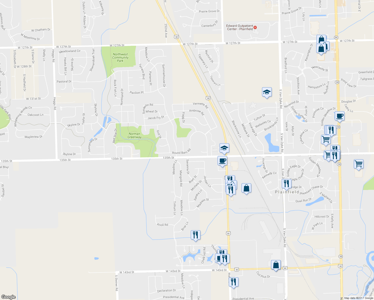 map of restaurants, bars, coffee shops, grocery stores, and more near 25030 Round Barn Road in Plainfield