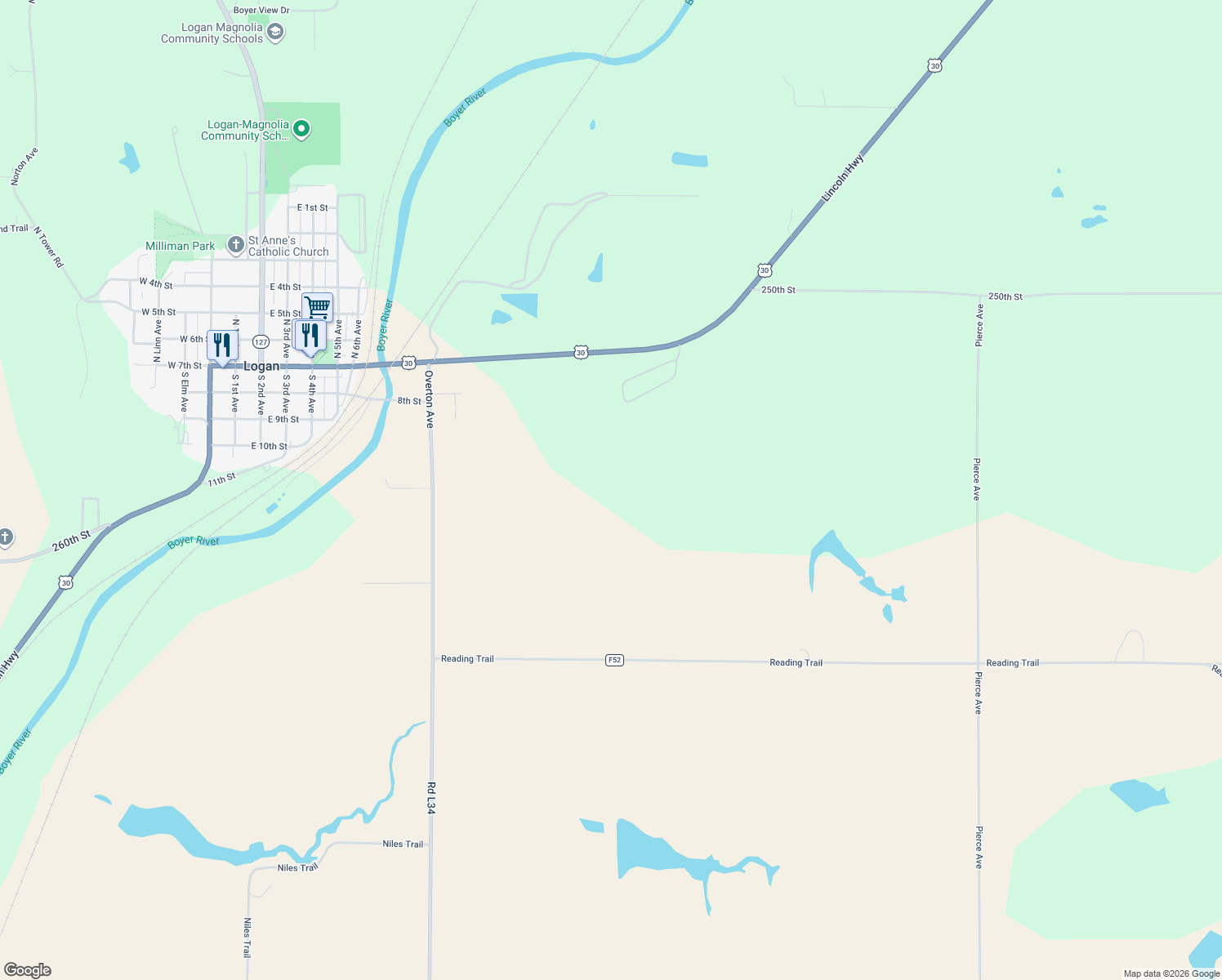 map of restaurants, bars, coffee shops, grocery stores, and more near 2797 Lincoln Highway in Logan