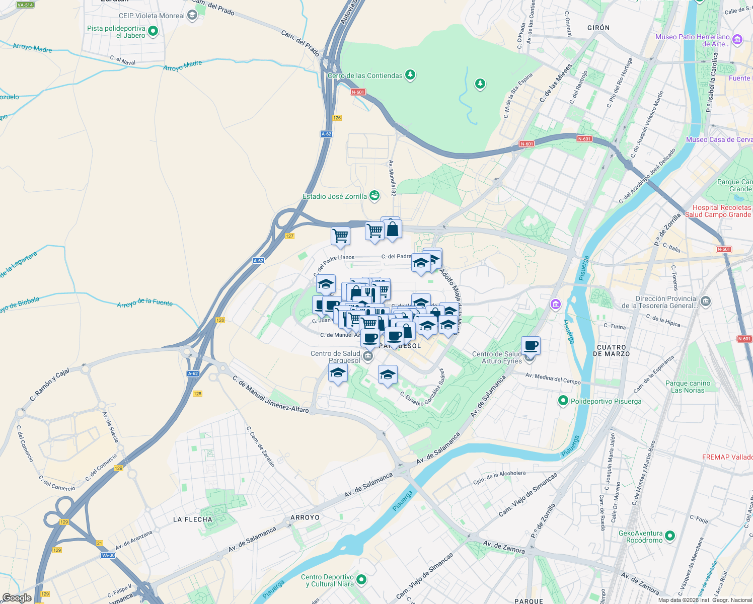 map of restaurants, bars, coffee shops, grocery stores, and more near 38 Calle de Hernando de Acuña in Valladolid