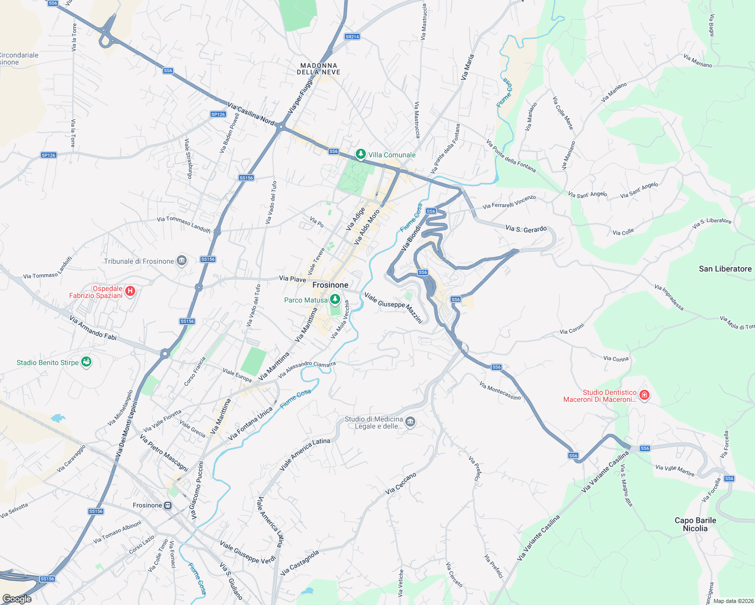 map of restaurants, bars, coffee shops, grocery stores, and more near 94 Viale Giuseppe Mazzini in Frosinone